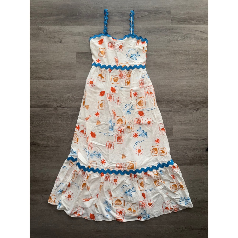 CeCe Linen Blend Midi Length White Dress, XS Beach Ocean Nautical